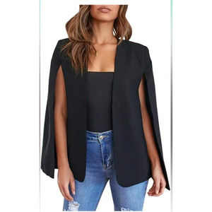 NastyGal Black Cape Blazer Jacket Womens Sz M Black Lined Open Front Chic Career